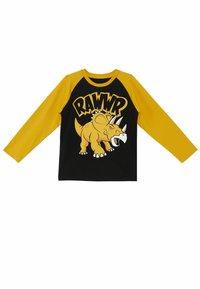 Musta pitkähihainen paita, jossa on keltaiset raglan-hihat. Paidassa on dinosauruksen grafiikka ja rohkeasti esitetty "RAWR"-teksti leikkisällä fontilla.