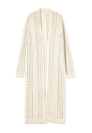 Langer, cremefarbener Strickcardigan mit offenem Vorderteil, durchbrochenem Muster, langen Ärmeln und einem gerippten Saum.