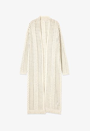 Langer, cremefarbener Strickcardigan mit offenem Vorderteil, durchbrochenem Muster, langen Ärmeln und einem gerippten Saum.
