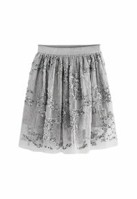 Jupe en tulle grise avec une taille argentée, ornée de sequins dispersés et d'un design en couches pour plus de texture.