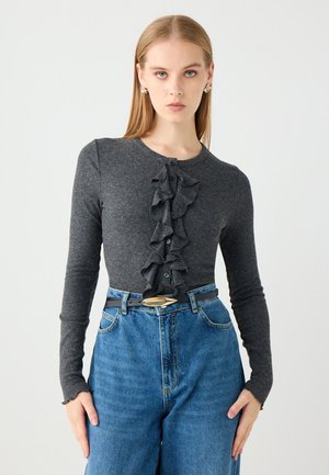 SKINNY FIT ROUND NECK LONG SLEEVE RUFFLED - Strickjacke - anthracite