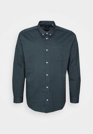 Dunkelgraues Langarmhemd mit Knopfleiste, Button-Down-Kragen und Brusttasche, vor hellem Hintergrund dargestellt.