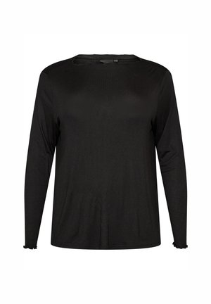 Einfaches schwarzes Langarmshirt mit rundem Ausschnitt und kleinen Rüschendetails an den Bündchen und am Saum, auf weißem Hintergrund dargestellt.