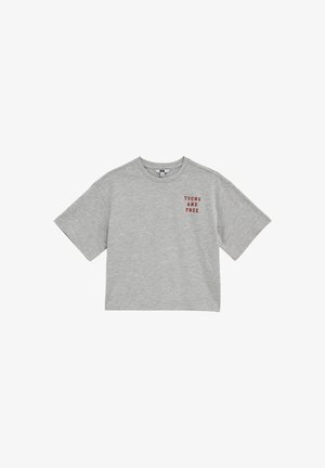 Maglietta corta grigia in cotone, con maniche corte e scollo rotondo. "YOUNG AND FREE" stampato in rosso sul petto a sinistra.