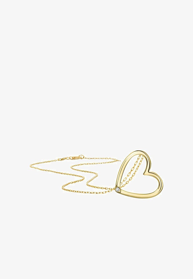 Collar con colgante en forma de corazón dorado y un acento de diamante, que presenta una cadena delgada y delicada y una forma de corazón abierta. Diseño simple con un acabado pulido.