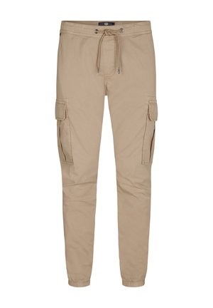 Pantalones cargo beige fabricados en tela suave, con una cinturilla elástica con cordón, piernas ajustadas y dos bolsillos laterales tipo cargo.