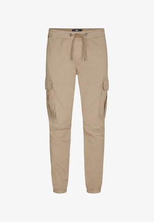 Béžové cargo kalhoty vyrobené z měkké tkaniny, s elastickým pasem na šňůrku, zúženými nohavicemi a dvěma bočními cargo kapsami.