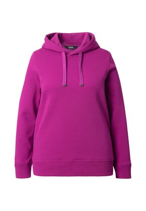 Felpa magenta con cappuccio regolabile, realizzata in tessuto morbido, con polsini e orlo a coste. Design semplice senza ulteriori motivi o dettagli.
