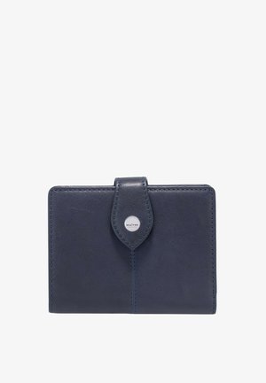 Marineblauwe leren portemonnee met een gladde textuur, rechthoekige vorm en een kliksluiting met zilverkleurige accenten.