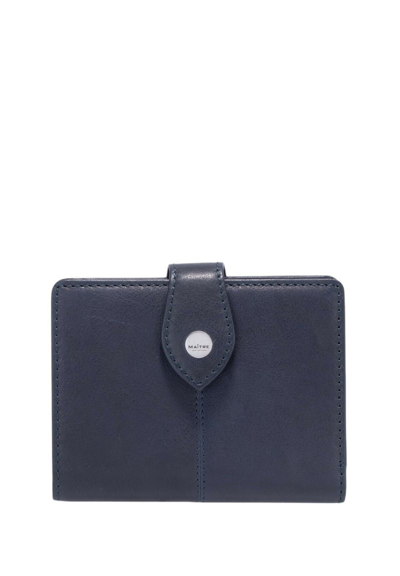 Marineblauwe leren portemonnee met een gladde textuur, rechthoekige vorm en een kliksluiting met zilverkleurige accenten.