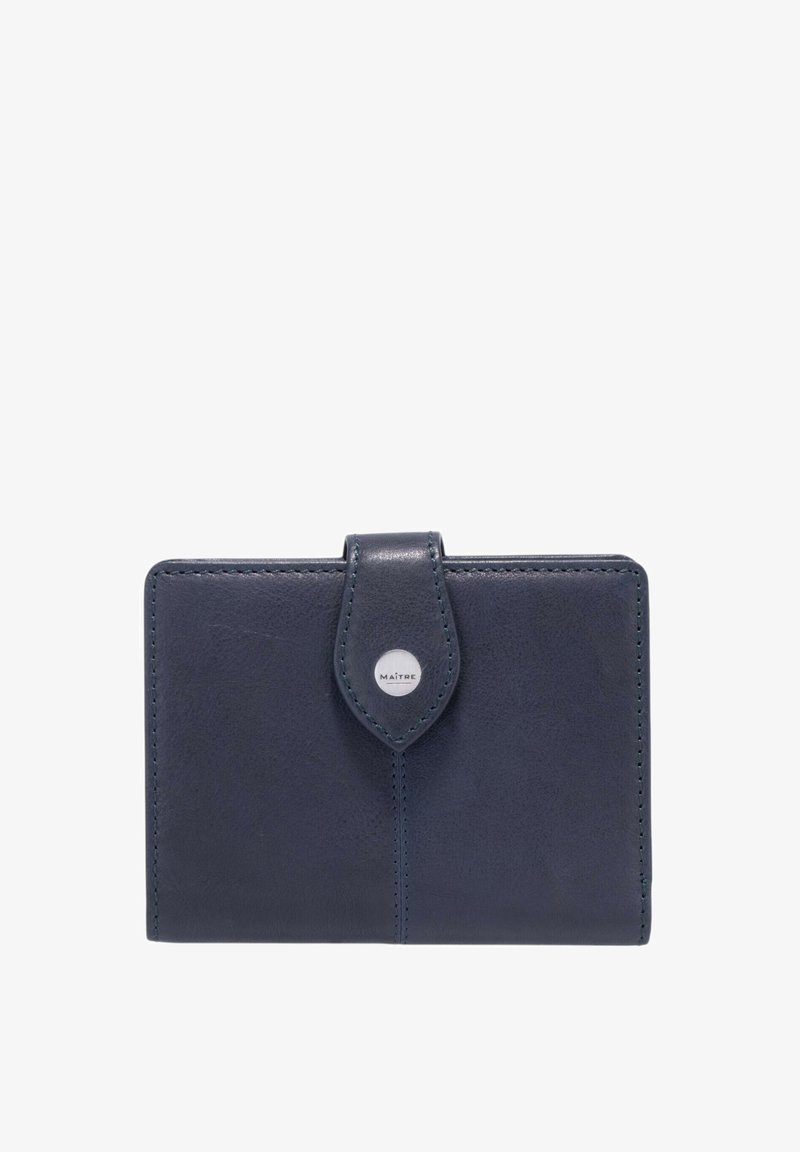 Marineblauwe leren portemonnee met een gladde textuur, rechthoekige vorm en een kliksluiting met zilverkleurige accenten.