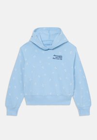 Light blue cropped hoodie with a drawstring hood, featuring a subtle floral pattern and "Abercrombie and Fitch New York City" in dark blue.