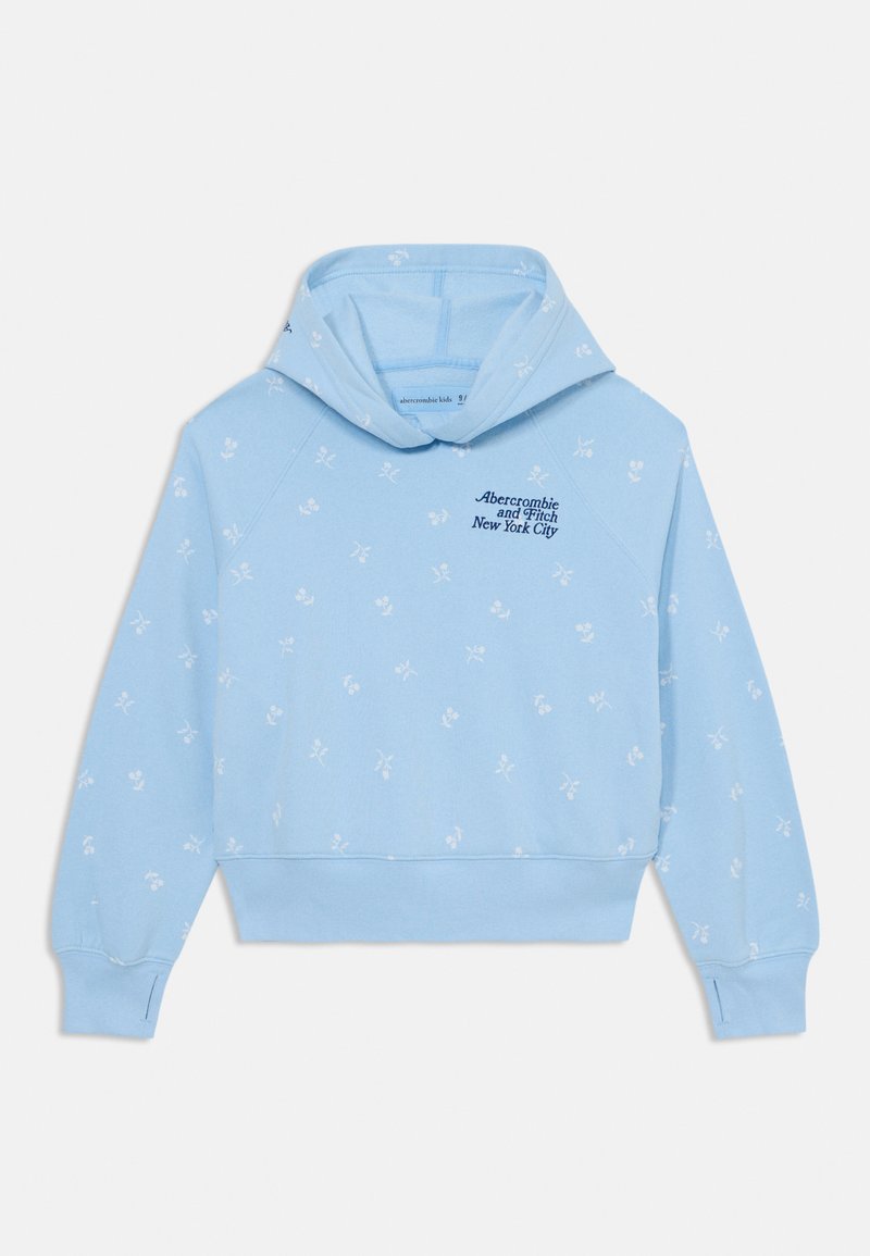 Light blue cropped hoodie with a drawstring hood, featuring a subtle floral pattern and "Abercrombie and Fitch New York City" in dark blue.