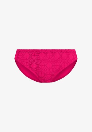 Rosa Spitzen-Bikiniunterteil mit geometrischem Ausschnittmuster, weichem Material, mittelhohem Design und elastischem Bund für zusätzlichen Komfort.
