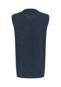 Navy zila bez piedurknēm adīta džemperis, izgatavots no mīksta adīta auduma ar noapaļotu kakla izgriezumu, ar gludu tekstūru un elegantu formu.