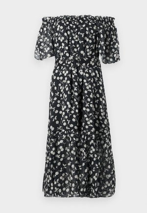 Vestido negro sin hombros con estampado floral blanco, mangas cortas con volantes, cintura ajustada y dobladillo en capas. Hecho de una tela ligera y transparente.