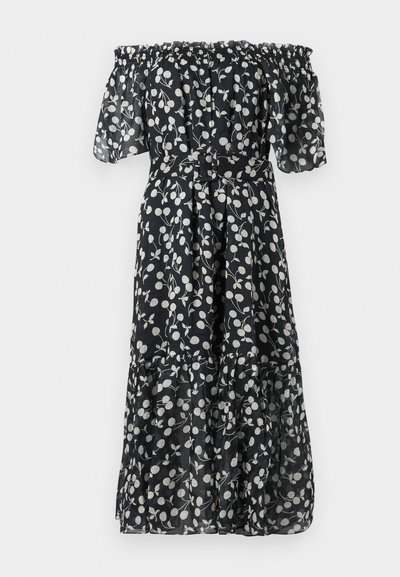 Schwarzes Off-Shoulder-Kleid mit weißem Blumenmuster, kurzen, rüschigen Ärmeln, tailliertem Bund und geschichtetem Saum. Hergestellt aus leichtem, durchscheinendem Stoff.