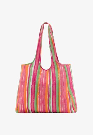 Reusable tote bag with a wide opening. Made of fabric featuring vertical stripes in pink, green, orange, and white. Soft texture.
