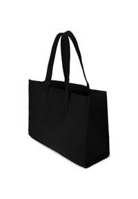 Fekete téglalap alakú vászontáska két hosszú füllel, nyitott tetejű és tágas belső térrel, fehér háttér előtt bemutatva.