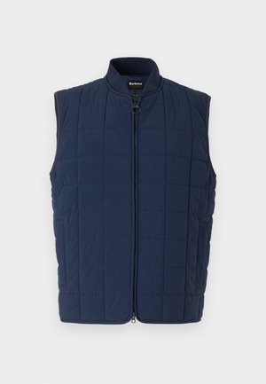Navy quilted vest with a high collar and front zipper. Features structured paneling and a smooth texture. Brand label visible inside collar.
