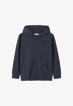 Hoodie zippé bleu marine en tissu doux, avec une poche avant, des poignets côtelés et une grande capuche ornée d'un petit logo sur la poitrine.