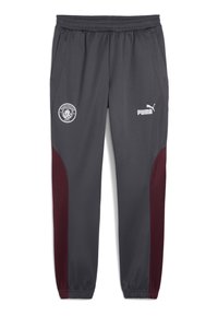Grå træningsbukser med en bordeaux sidepanel, elastisk talje, Manchester City-logo og Puma-logo foran. Glat tekstur.