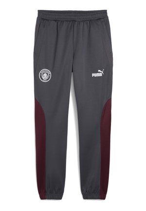 Sive športne hlače z maroon stranskim panelom, elastičnim pasom, logotipom Manchester City in logotipom Puma spredaj. Gladka tekstura.