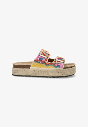 Sandalias de plataforma de cuentas coloridas con dos correas ajustables con hebilla. Suela media de yute estilo espadrille y plantilla marrón texturizada.