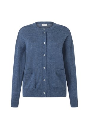 Blauwe gebreide cardigan met lange mouwen, ronde hals, knopen aan de voorkant en twee voorzakken.