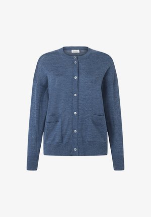 Blauwe gebreide cardigan met lange mouwen, ronde hals, knopen aan de voorkant en twee voorzakken.