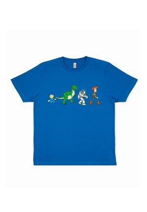 T-shirt bleu avec les personnages de dessin animé Tick, Rex le dinosaure, l'astronaute Buzz l'Éclair et le cowboy Woody marchant en file indienne sur la poitrine.