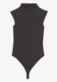 Bodysuit sans manches gris foncé avec un col montant, texture lisse et fond string. Design simple sans motifs visibles ni éléments matériels.