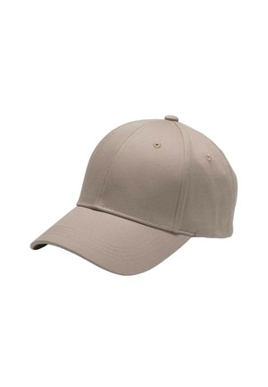 Beige baseballcap lavet af tekstureret stof, med en buet skygge, seks paneler og lufthuller til ventilation. Lidt struktureret design.