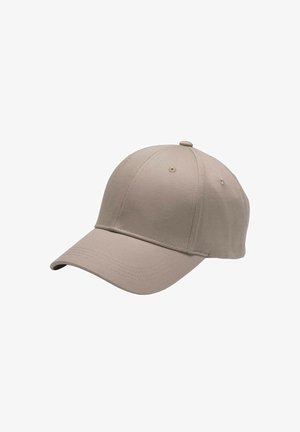 Beige baseballcap lavet af tekstureret stof, med en buet skygge, seks paneler og lufthuller til ventilation. Lidt struktureret design.