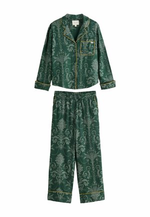 Grünes Pyjama-Set mit Blumenmuster, bestehend aus einem kragenlosen Langarmoberteil mit Tasche und elastischen Hosen, akzentuiert mit gelben Besätzen.