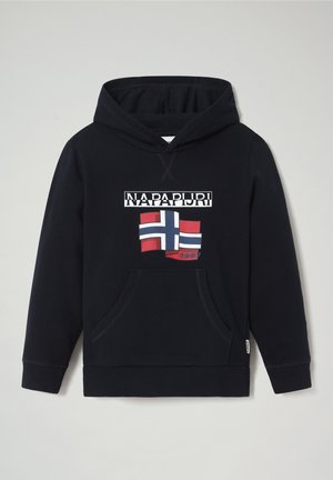 Czarna bluza z kapturem z dużym graficznym wzorem norweskiej flagi z czerwonymi, niebieskimi i białymi detalami, kangurzą kieszenią i prążkowanymi mankietami.