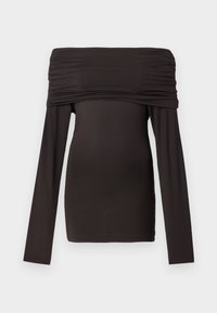 Black off-the-shoulder top with long sleeves, made of smooth, stretchy fabric; features gathered detailing around the neckline.