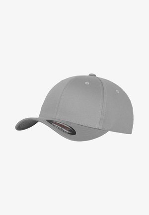 Gray baseball cap made of fabric, featuring a curved brim, six-panel design, and ventilation holes, with a label on the side.