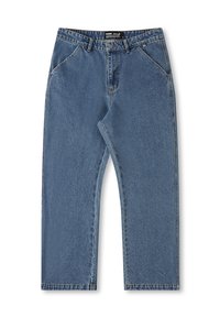 Blue denim jeans with a straight leg design, mid-rise waist, and classic five-pocket styling. Features subtle fading and stitched detailing.