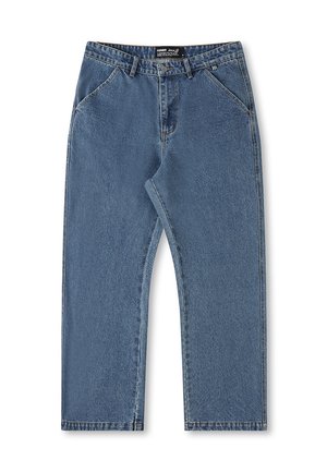 Blue denim jeans with a straight leg design, mid-rise waist, and classic five-pocket styling. Features subtle fading and stitched detailing.