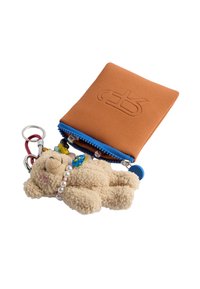 Brązowy, miękki portfel z niebieskim zamkiem błyskawicznym i wytłoczonym logo. Dołączony breloczek w kształcie pluszowego misia ozdobiony kolorowymi koralikami i naszyjnikiem.