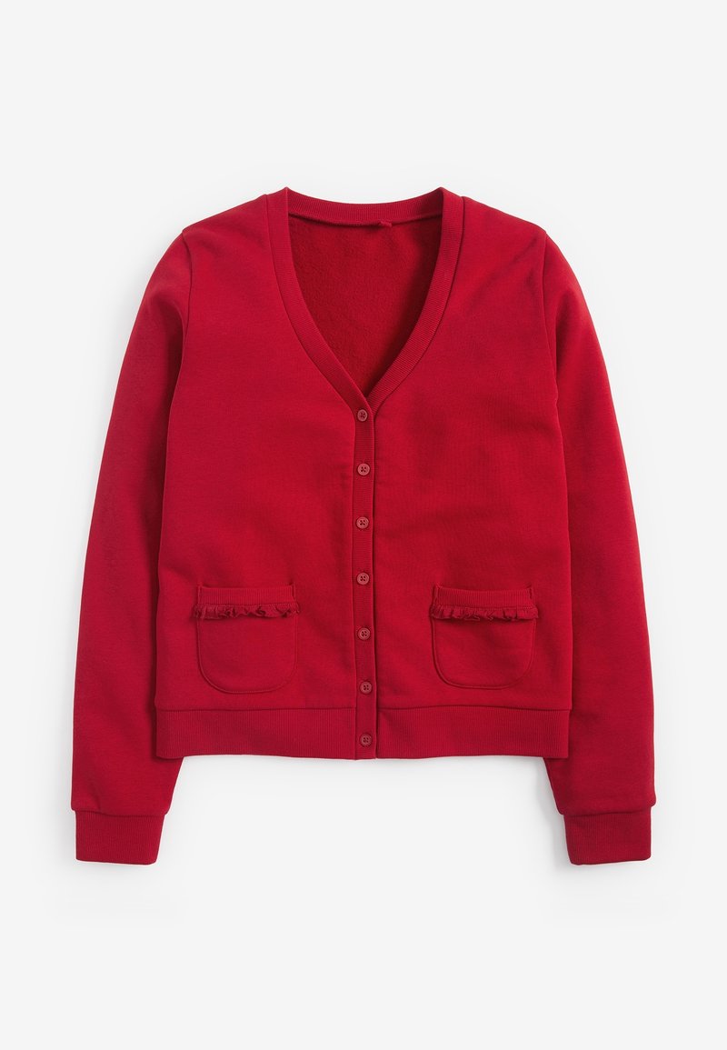 Cardigan rouge à boutons avec manches longues, deux poches avant ornées de volants, et un ourlet ainsi que des poignets côtelés.