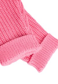 Pink knitted sleeves with a textured pattern. Ribbed cuffs at the ends, emphasizing softness and warmth in chunky yarn.