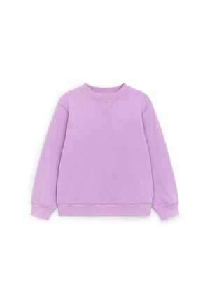 Liliowa bluza z okrągłym dekoltem, długimi rękawami, prążkowymi mankietami i krawędzią oraz małym przeszyciem poniżej kołnierza.