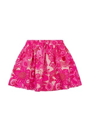 Roze rok met elastische tailleband, voorzien van een levendig bloemenpatroon in verschillende tinten roze en rood.