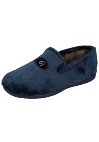 Zapatilla de felpa azul marino con exterior e interior de piel sintética. Diseño de tipo slip-on con punta redondeada, que presenta un pequeño logo bordado en el lateral.