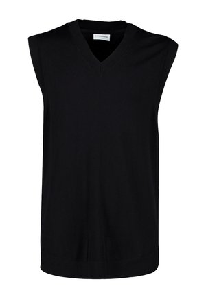 Czarna bezrękawnikowa dzianinowa kamizelka z dekoltem w serek, z prążkowanymi krawędziami i metką wewnątrz dekoltu.