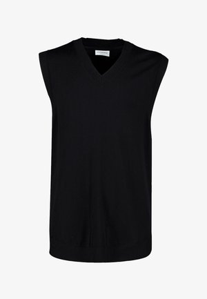 Zwart mouwloos V-hals gebreid sweatervest met geribbelde randen en een label aan de binnenkant van de halslijn.