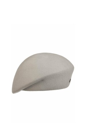 Light gray felt beret with smooth texture and rounded, flat crown, viewed from the side against a white background.