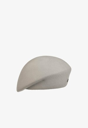 Light gray felt beret with smooth texture and rounded, flat crown, viewed from the side against a white background.
